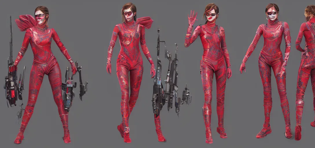 Image similar to character sheet concept art of emma watson as a superhero in destiny 2, opalescent red fabric, gypsy!!, face paint, colorful ferrofluid armor, realistic, hyperrealistic, photographic, costume, wlop, dan mumford, greg rutkowski, high detail, octane render, alexander mcqueen, james gurney, photo, 8 k