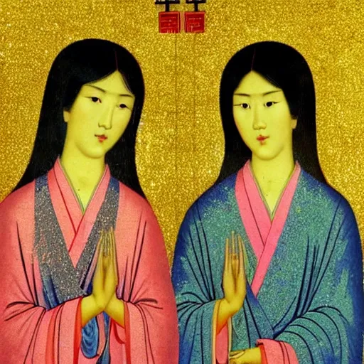 Image similar to portrait of 2 asian looking girls in iconography style andrei rublev glitter chinese ornament background