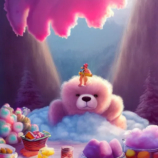 Prompt: a beautiful digital matte painting of an adorable teddy bear with fairy wings sleeping on a cloud of cotton candy, surrounded by candy and desserts, bright natural morning light, mountains river trees, pastel color palette, by andreas rocha and jeremiah ketner