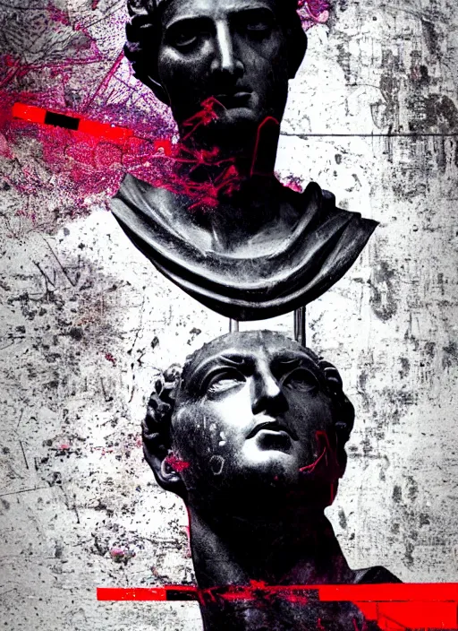 Image similar to dark design poster showing a statue of a roman emperor, black background with very subtle red and purple design elements, powerful, nekro, vito acconci, thin straight lines, dark, glitch art, neo vaporwave, gritty, layout frame, square, extremly detailed, trending on artstation