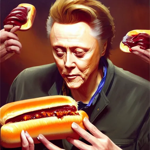 Image similar to Christopher Walken eating Hot Dogs, dripping BBQ Sauce, serving big macs, D&D, spilling ketchup, fantasy, intricate, elegant, highly detailed, digital painting, artstation, concept art, matte, sharp focus, illustration, hearthstone, art by Artgerm and Greg Rutkowski and Alphonse Mucha