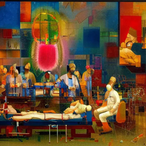 Image similar to A beautiful computer art of a team of surgeons gathered around a patient on an operating table, with one surgeon in the process of cutting into the patient's chest. The computer art is full of intense colors and brushstrokes, conveying the urgency and intensity of the surgery. by Joseph Cornell, by Paul Lehr ordered, elaborate