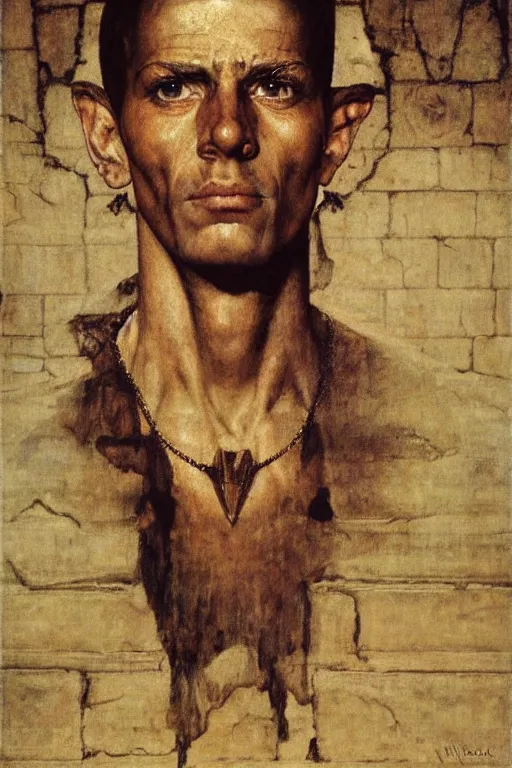 Image similar to a closer personal portrait of man with very piercing eyes, very charismatic. in the old ancient temple of the sphinx. masterpiece, dark. painted by norman rockwell and james gurney