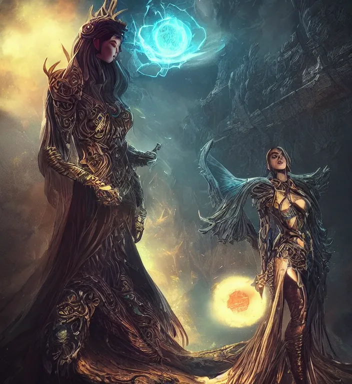 Prompt: unreal engine render + a goddess, tarot card, dark souls colour scheme, luminal, smooth, coherent, high detailed, kerem beyit, Karol Bak, featured on artstation, instagram HD, unreal engine