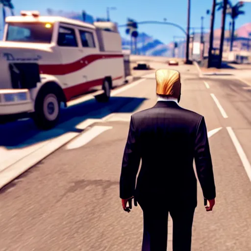 Image similar to donald trump in gta v gameplay, ps 5 screenshot, third person gameplay, five stars, 3 d render, cryengine, highly detailed