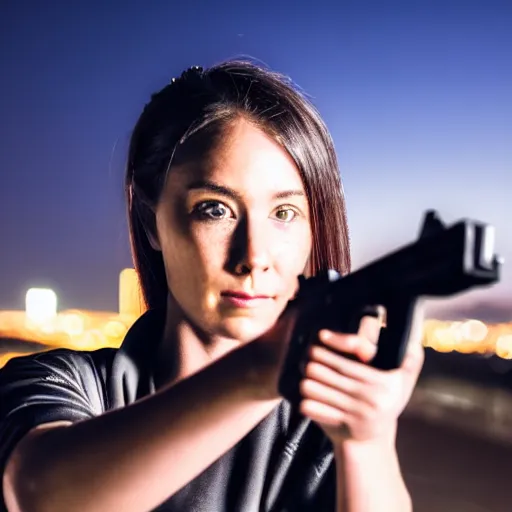 Image similar to photographic portrait of a techwear woman holding a Glock 18, closeup, on the rooftop of a futuristic city at night, sigma 85mm f/1.4, 4k, depth of field, high resolution, 4k, 8k, hd, full color