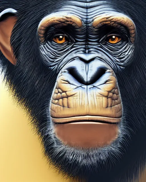 Image similar to gold, blue, very detailed high resolution illustration portrait of a chimpanzee glaring, mystical, 3 d, 8 k, extremely detailed, artstation