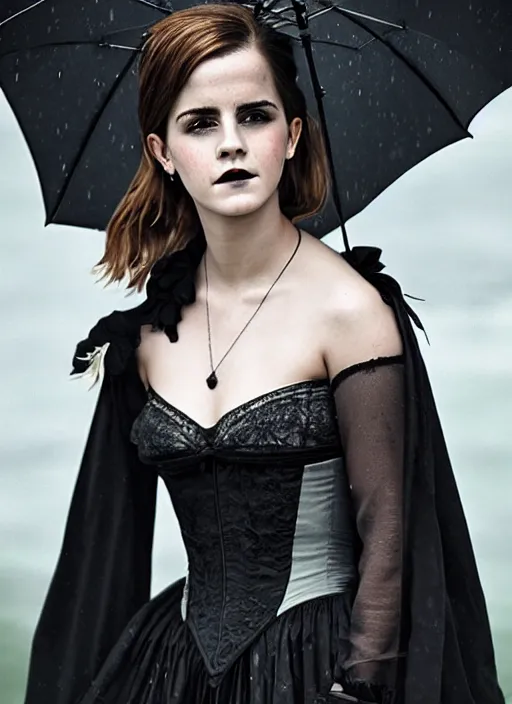 Prompt: Emma Watson for Victorian Secret, perfect face, hot summertime goth in the rain, full length shot, XF IQ4, 150MP, 50mm, f/1.4, ISO 200, 1/160s, natural light, Adobe Photoshop, Adobe Lightroom, DxO Photolab, Corel PaintShop Pro, rule of thirds, symmetrical balance, depth layering, polarizing filter, Sense of Depth, AI enhanced