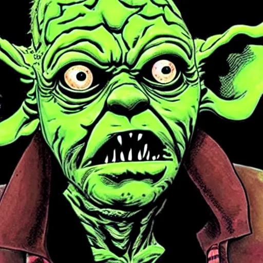 Prompt: zombie yoda, yoda as a zombie, ethan van sciver, zombified, scary