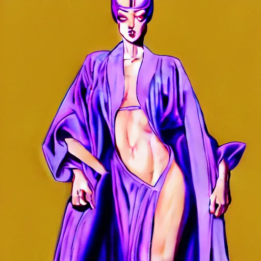 Image similar to woman wearing a light purple silk robe, blue sky, art by peter lloyd, art by peter palombi 1 9 8 0, airbrush style, art by hajime sorayama,, intricate, elegant, sharp focus, illustration, highly detailed, concept art, matte, sharp focus, illustration, highly detailed, concept art, h 6 4 0