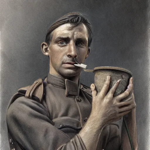 Image similar to a detailed photorealistic sepia - toned color portrait painting of a 1 9 1 7 worried clean - shaven british lieutenant in field gear in north arabia examining an ancient cylindrical clay jar, ultra realistic, intricate details, atmospheric, dark, horror, brooding, highly detailed, by clyde caldwell