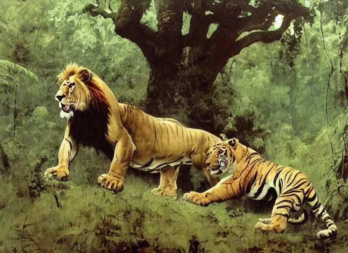 Image similar to a lion and a tiger in a forest by frank frazetta