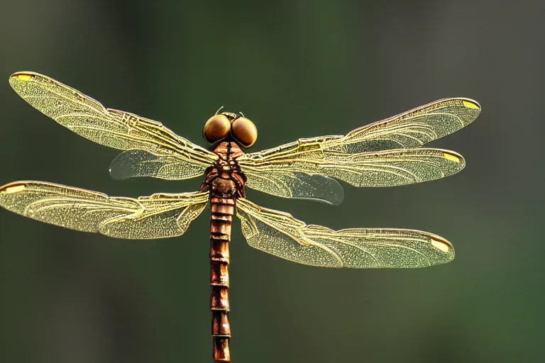 Prompt: dragonfly with metallic armor with filigree wings taking off a green leaf, steampunk style, octane renderer, macro shot, highly detailed, ultra realistic 4K, depth blur