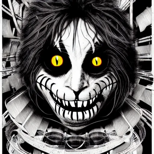 Image similar to graphic illustration, creative design, cheshire cat as alice cooper, biopunk, francis bacon, highly detailed, hunter s thompson, concept art