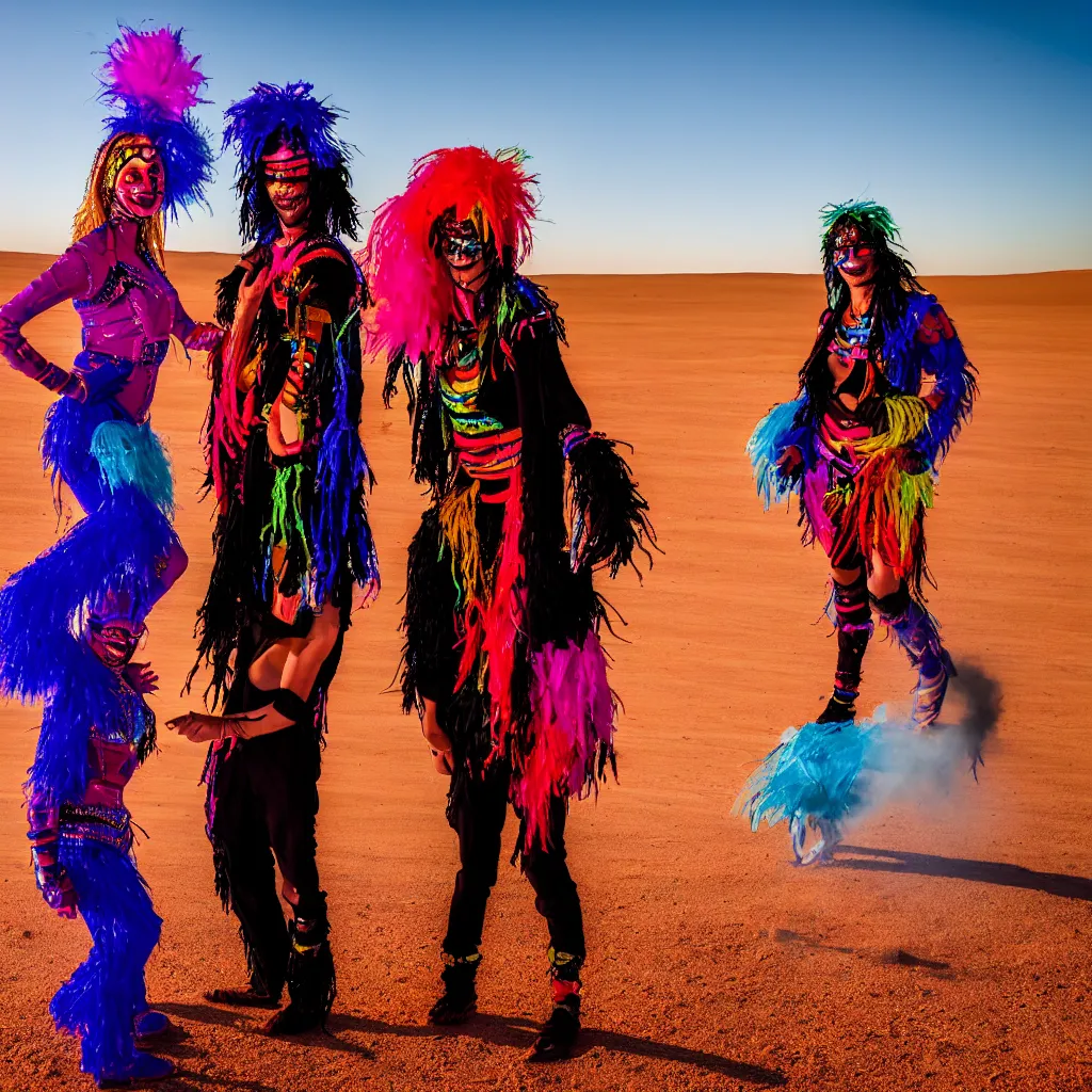 Image similar to portrait of two ravers in friendly costumes with detailed faces, dancing around a fire, photorealistic, dancefloor kismet, diverse costumes, clean composition, desert transition area, bonfire, night, australian desert, zaha hadid, xf iq 4, symmetry, sony a 7 r, 1 5 0 mp, 5 0 mm