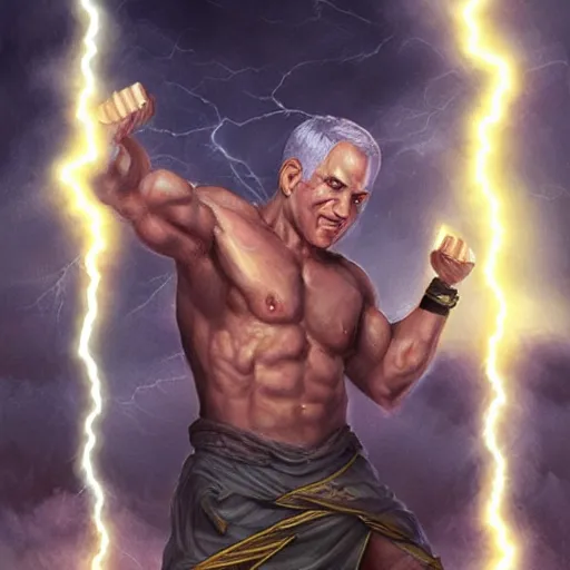 Image similar to benjamin netanyahu as a buff greek god of lightning, shooting lightning bolts from eyes, highly detailed, ultra clear, by artgerm and greg rutkowski