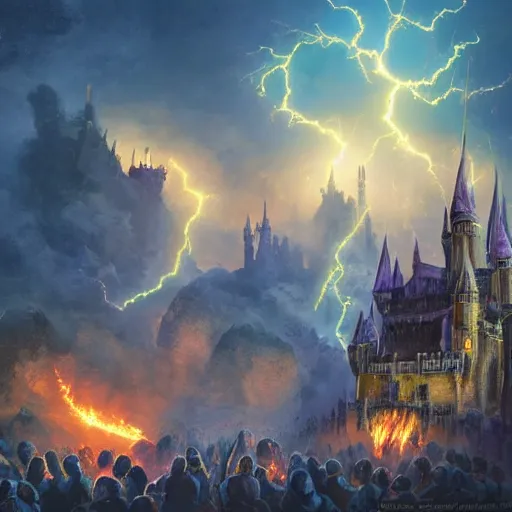 Prompt: A photo of a million sorcerers holding torches attacking magic castle under siege, fire from sky, blue lightnings, dramatic purple thunders, golden meteors, war, dramatic shadows, powerful photo, magic, dramatic lighting, intricate, wild, highly detailed, digital painting, artstation, concept art, smooth, sharp focus, illustration, art by artgerm and greg rutkowski and alphonse mucha, footage