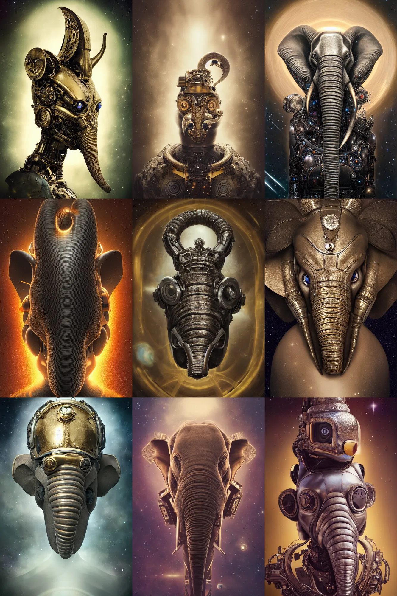 Prompt: a beautiful ultradetailed fine art photo of a futuristic cybernetic cyborg elephant head against galactic space, by tom bagshaw and natalie shau, portrait, 3 5 mm lens, golden ratio composition, detailed face, studio photography, very detailed, deep depth of field, humanoids, industrial robotic cats, artstation, 8 k, highly coherent