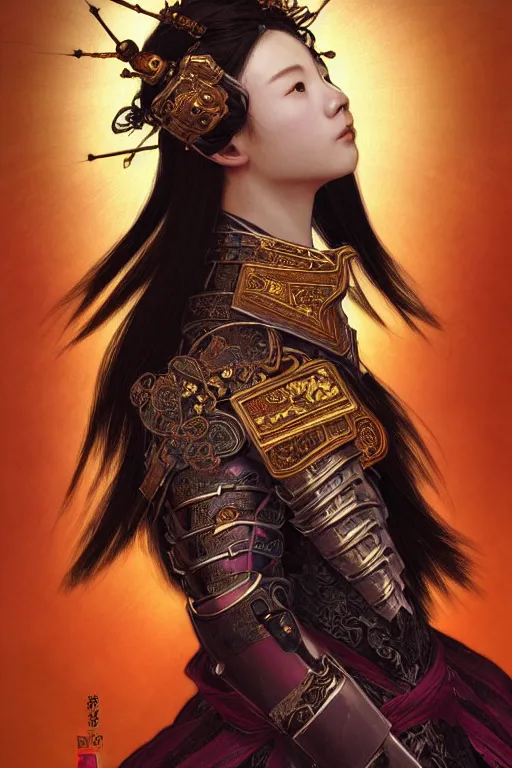 Prompt: beautiful and divine and holy and elite and colorlpunk young three kingdom chinese female armor knight portrait +shinnyy eyes+front face with light flowing hair, ultradetail face, art and illustration by tian zi and craig mullins and WLOP and alphonse mucha, fantasy, intricate complexity, human structure, human anatomy, fantasy character concept, watermark, blurry, hyperrealism 8k