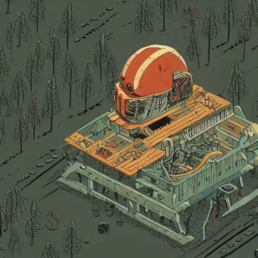 Image similar to in the style of ghostshrimp and deathburger and laurie greasley an isometric view of a giant decaying robot head in a forest that has been turned into a quaint house, highly detailed, 8k wallpaper