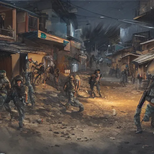 Prompt: Brazilian BOPE police force attacking armed drug dealers at slum street at night, concept art, very detailed, 8k