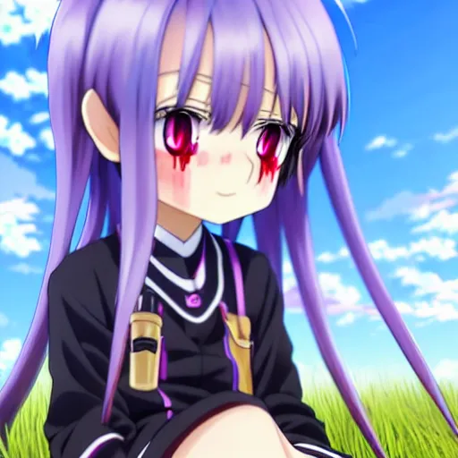 Prompt: A cute young real life 3D anime girl with long blueish lavender hair, wearing a butcher's uniform with shorts, bloody scythe sat next to her foot, sitting on one knee in a large grassy green field, shining golden hour, she has detailed black and purple anime eyes, extremely detailed cute anime girl face, she is happy, childlike, little kid, black anime pupils in her eyes, Haruhi Suzumiya, Umineko, Lucky Star, K-On, Kyoto Animation, she is smiling and happy, tons of details, sitting on one knee on the grass, chibi style, extremely cute, she is smiling and excited, her tiny hands are on her thighs, she has a cute expressive face