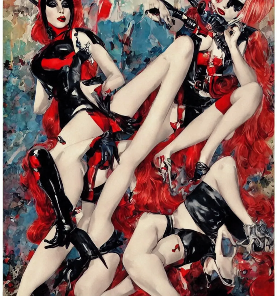 Image similar to a beautiful pinup art of lady gaga dressed up as harley quinn, single full body portrait poster, by robert mcginnis