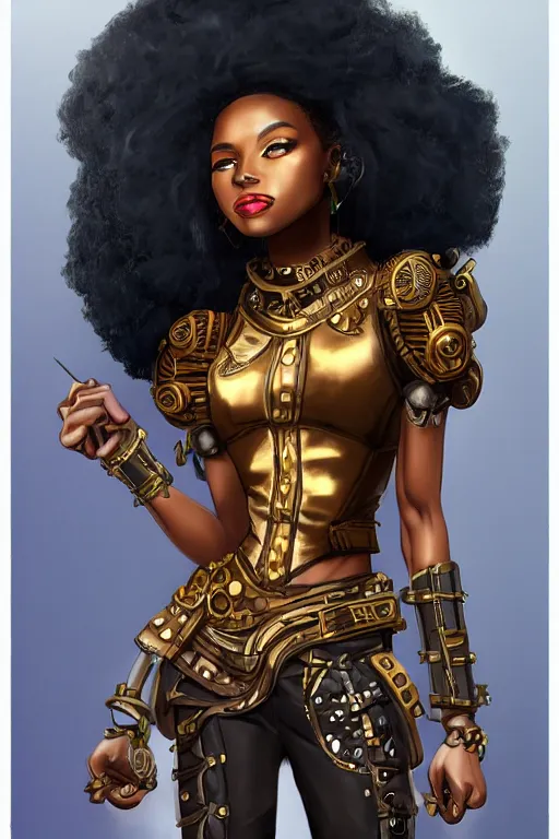 Prompt: beautiful steampunk african girl with a large afro holding. smart pose, tight futuristic armor, artgerm, trending on artstation, character concept art, bokeh