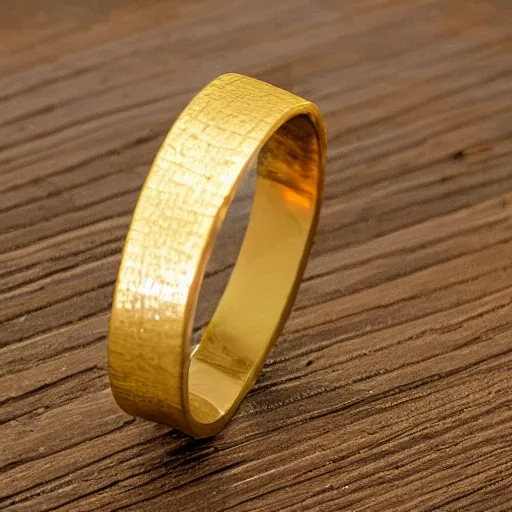 Prompt: very thin gold wedding ring, water texture on the ring, white background