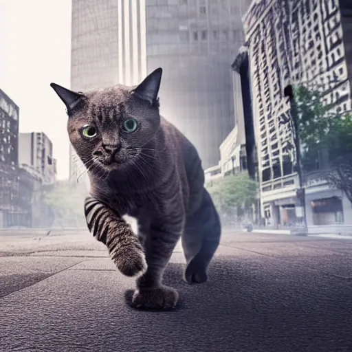 Prompt: a cat kaiju stomping through a city, realistic, 8 k, low angle