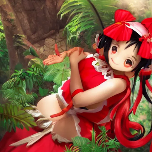 Image similar to a imaginefx cgsociety of reimu in the jungle wearing bonnet