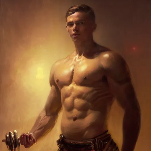 Image similar to handsome portrait of a young guy fitness posing, war hero, flexing, radiant light, caustics, by gaston bussiere, bayard wu, greg rutkowski, giger, maxim verehin