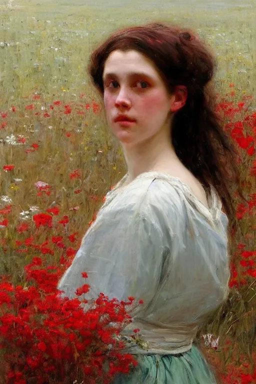 Image similar to Solomon Joseph Solomon and Richard Schmid and Jeremy Lipking victorian genre painting portrait painting of an beautiful slender cottagecore girl in an open field of flowers, red background