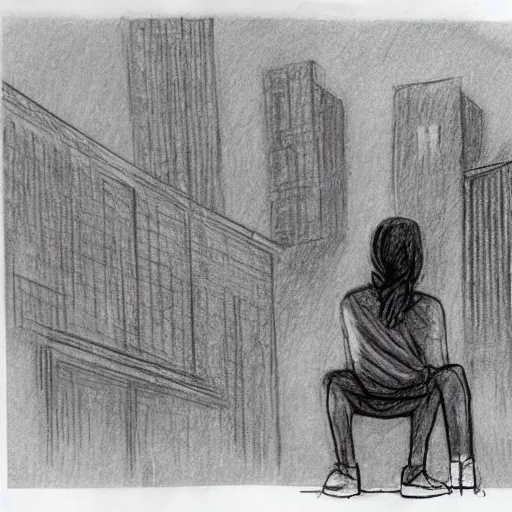 Prompt: a pencil sketch of 2 people, sitting on the edge of a building, looking away from the camera, tall rectangular buildings in the background, planes flying overhead