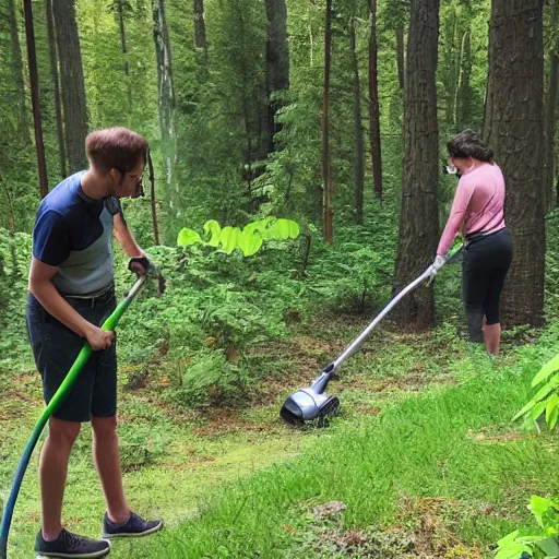 Prompt: Photo of people vacuuming in the forest, highly-detailed 4K award-winning