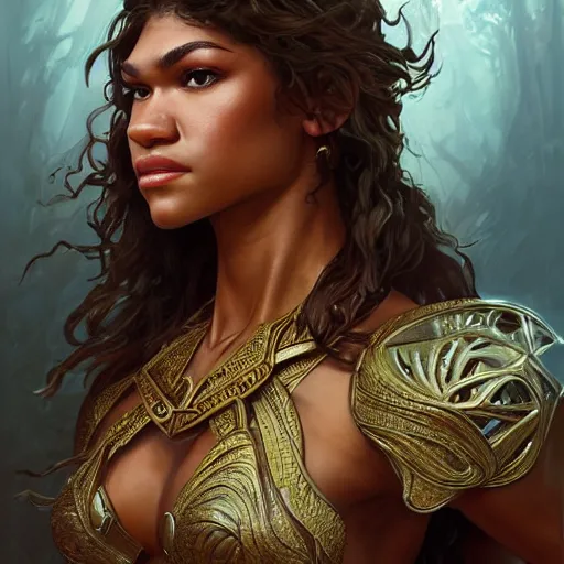 Image similar to fullbody portrait of Zendaya, muscular, upper body,big chest, amazon warrior, fantasy, intricate, elegant, highly detailed, digital painting, artstation, concept art, matte, sharp focus, illustration, art by Artgerm and Greg Rutkowski and Alphonse Mucha