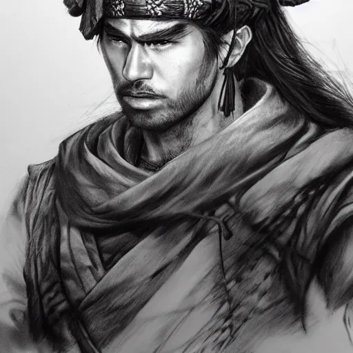 Image similar to Kurdish samurai, extremely detailed charcoal sketch, realistic, incredibly detailed, award winning art, cinematic, extremely high detail, concept art, 4k fantasy art, trending on artstation, full body shot