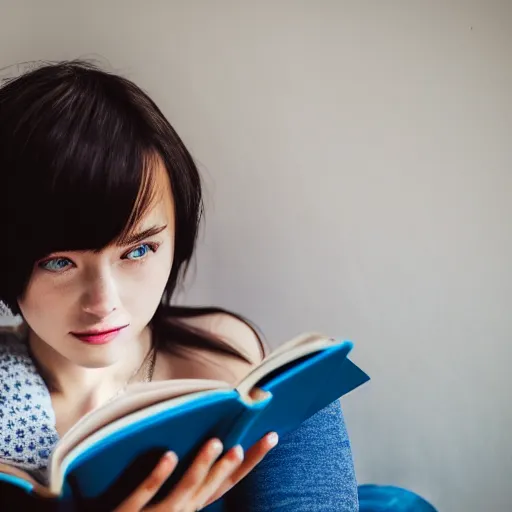 Image similar to a girl reading a book, modelsociety, radiant skin, huge anime eyes, RTX on, perfect face, intricate, Sony a7R IV, symmetric balance, polarizing filter, Photolab, Lightroom, 4K, Dolby Vision, Photography Award