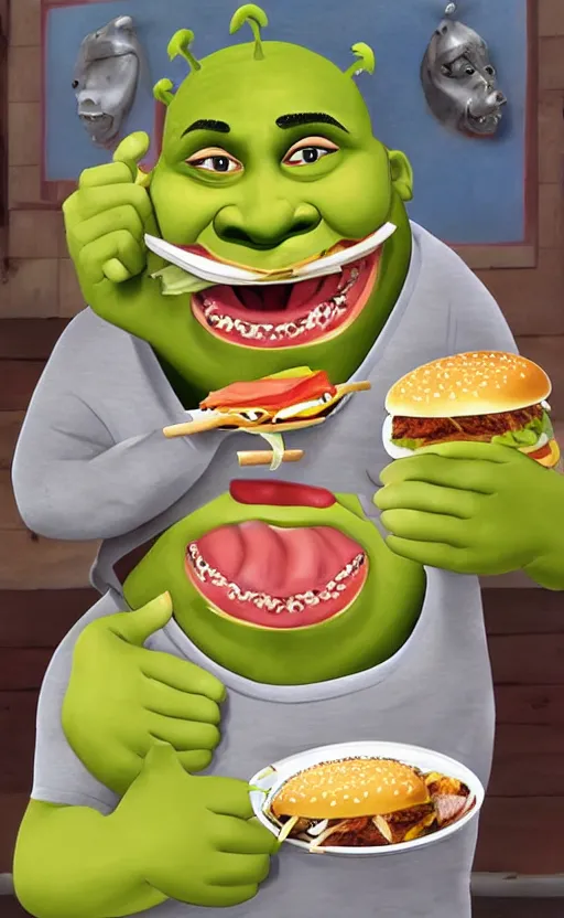 Image similar to guy fieri as shrek, eating a juicy burger, photograph, realistic