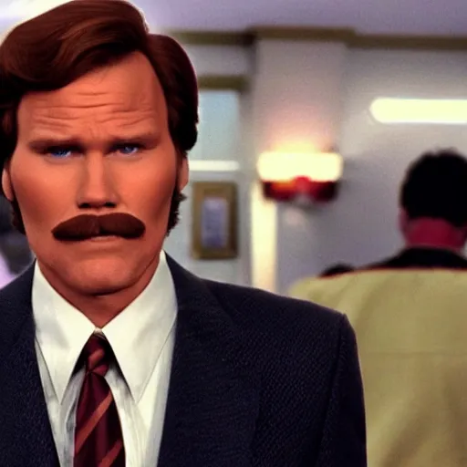 Image similar to Live Action Still of Jerma985 in Anchorman: The Legend of Ron Burgundy, real life, hyperrealistic, ultra realistic, realistic, highly detailed, epic, HD quality, 8k resolution, body and headshot, film still