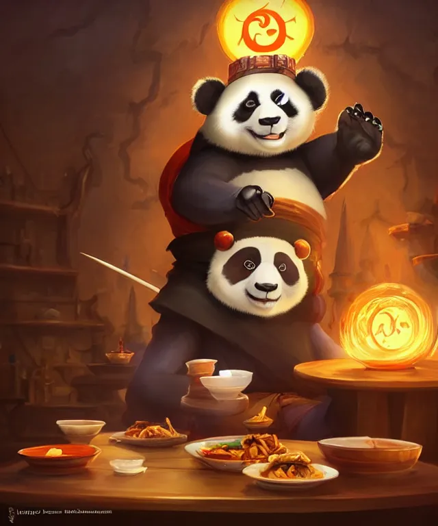 Image similar to a portrait an anthropomorphic panda mage eating chinese food, wearing mage robes, restaurant in background, cute and adorable, dnd character art portrait, well rendered matte fantasy painting, pixar style, by jason felix by steve argyle by tyler jacobson by peter mohrbacher, cinematic lighting