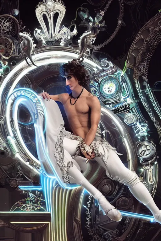 Prompt: full-body rococo and cyberpunk style neon statue of a muscular attractive Timothée Chalamet macho dotado e rico android sim roupa reclining con las piernas abertas e la piroca dura, glowing white lasers, glowing eyes, silver prince crown, silver steampunk gears, white diamonds, swirling mint-colored silk fabric. futuristic elements. ethereal white dripping tar. full-length view. space robots. human skulls. large white balloon animals. intricate artwork by caravaggio. Trending on artstation, octane render, cinematic lighting from the right, hyper realism, octane render, 8k, depth of field, 3D