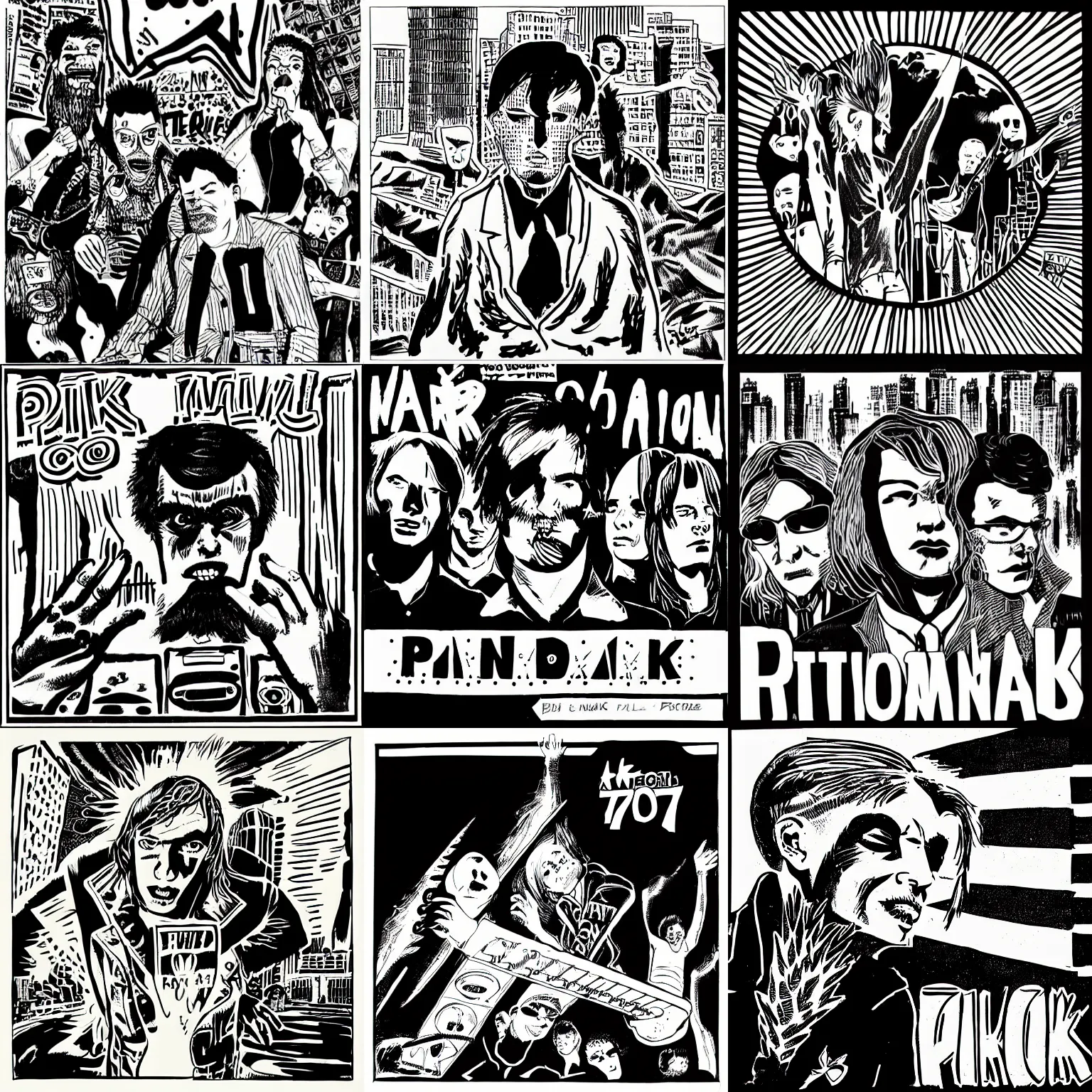 Prompt: Album art for a punk record from the 70s, illustration, b&w, slightly minimal, comic book style, by Raymond Pettibon