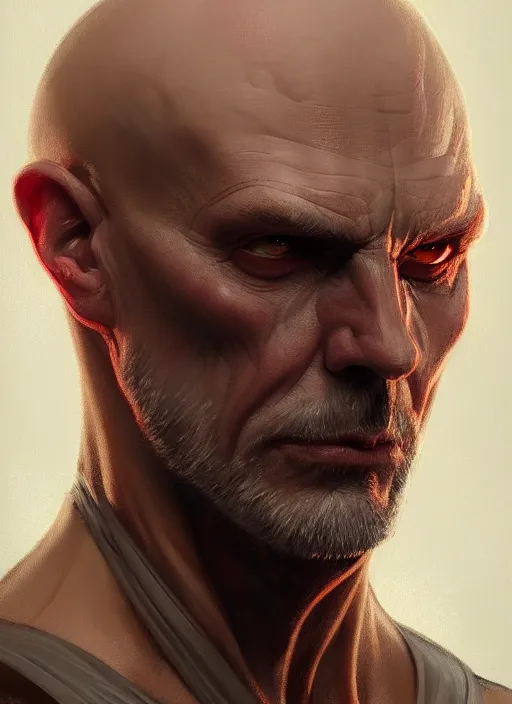 Prompt: Portrait of a man, bald, scarred! Sith, muscular, robes! intricate, elegant, highly detailed, digital painting, artstation, concept art, smooth, sharp focus, illustration, art by artgerm and greg rutkowski and alphonse mucha