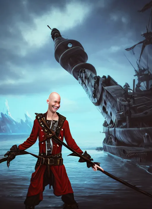 Image similar to An epic fantasy comic book style portrait painting of a skinny white bald sky-pirate with a goofy expression sitting in front of a ship's cannon, unreal 5, DAZ, hyperrealistic, octane render, cosplay, RPG portrait, dynamic lighting