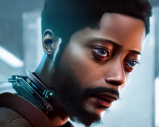 Image similar to highly detailed portrait of lakeith stanfield as an android, in detroit : become human, stephen bliss, unreal engine, fantasy art by greg rutkowski, loish, rhads, ferdinand knab, makoto shinkai and lois van baarle, ilya kuvshinov, rossdraws, tom bagshaw, global illumination, radiant light, detailed and intricate environment