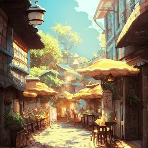 Image similar to beautiful cute cozy very little cafe on a cobblestone street, golden morning light, simple fantasy anime style of hayao miyazaki, digital art trending on artstation