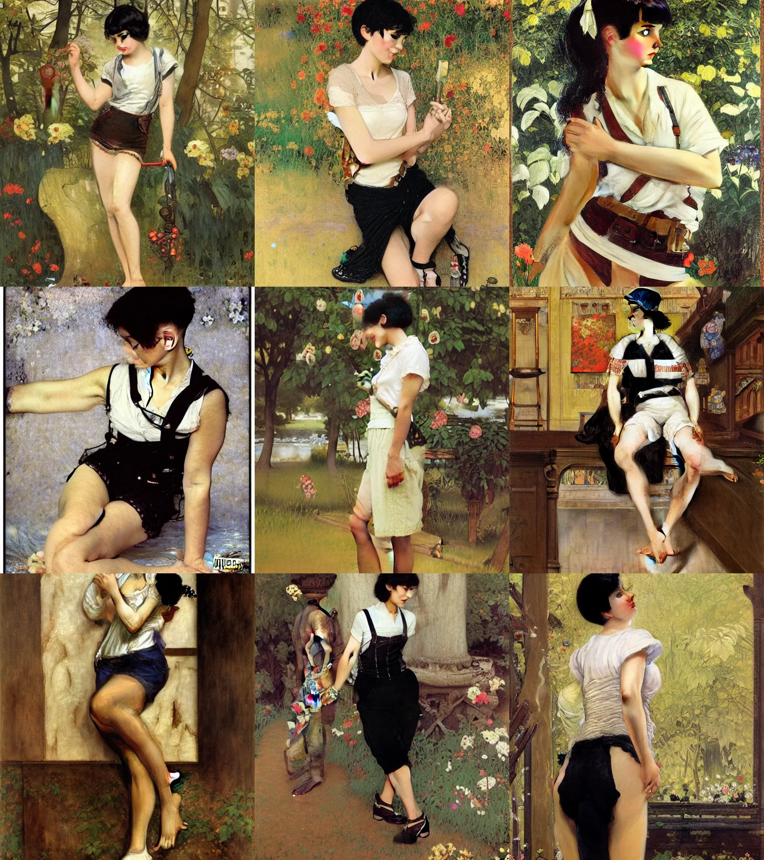 Prompt: a woman with black hair and long pixie haircut in shorts with suspenders and white t-shirt drawn by lourens alma-tadema, norman rockwell, frank frazetta, alphonso azpiri, peter paul rubens, alphonse mucha, gustav klimt 4k, unreal 5, DAZ, french noveau, trending on artstation, octane render, hyperrealistic