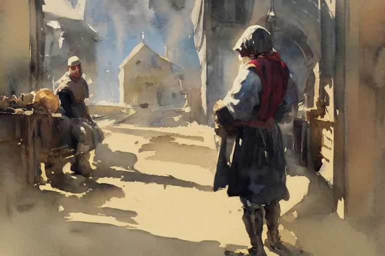 Image similar to small centered on watercolor paper, paint brush strokes, abstract watercolor painting of medieval blacksmith with apron, cinematic light, national romanticism by hans dahl, by jesper ejsing, by anders zorn, by greg rutkowski, by greg manchess, by tyler edlin