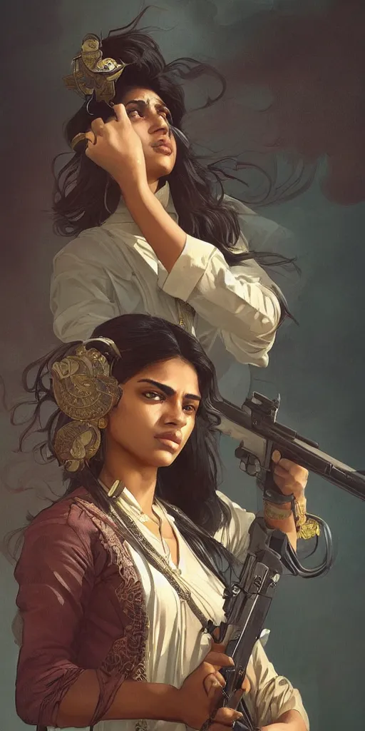 Image similar to sri lankan girl with a gun, angery emotion, intricate, elegant, highly detailed, digital painting, artstation, concept art, smooth, sharp focus, illustration, art by artgerm and greg rutkowski and alphonse mucha